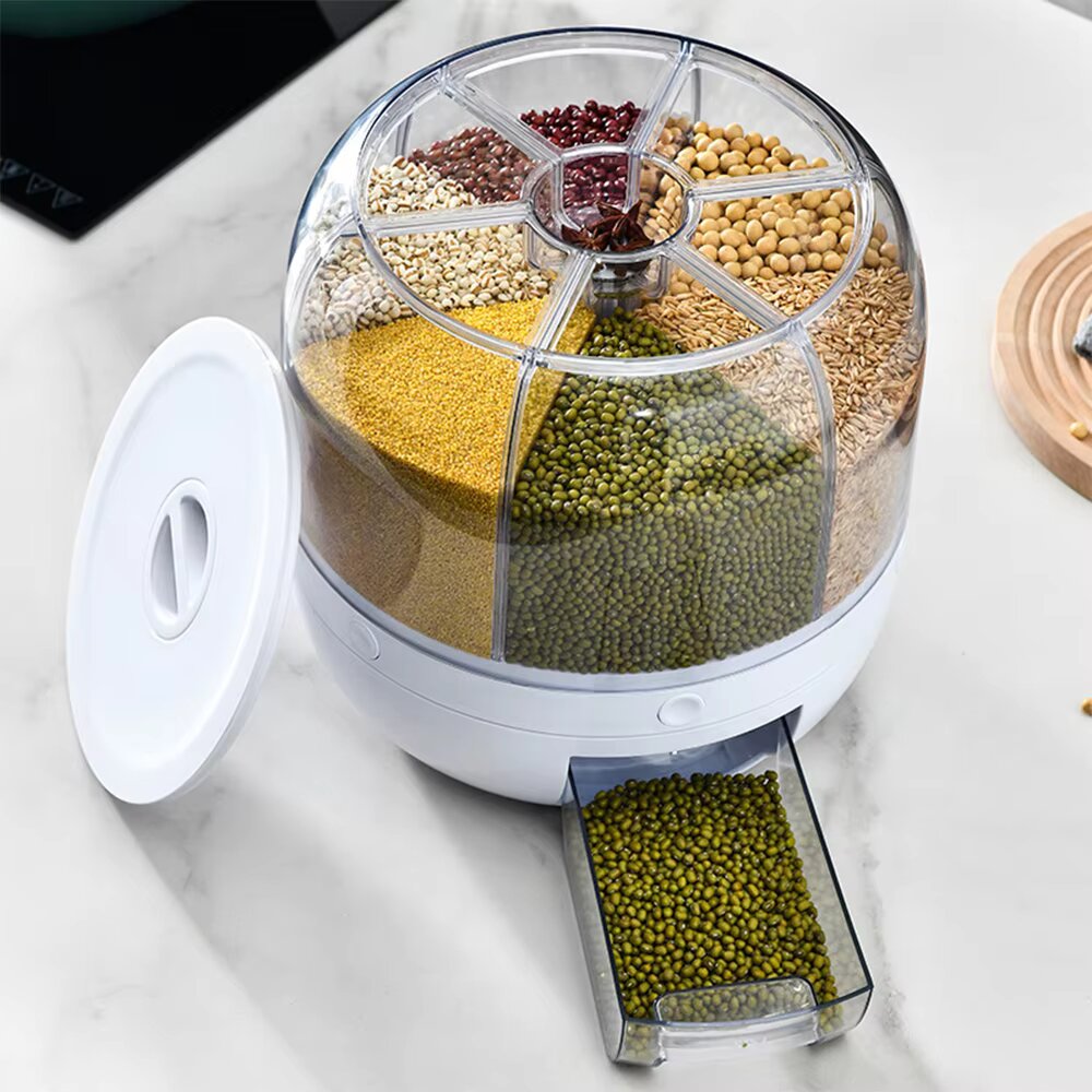 6 Grids Rice and Grain Storage Container, 360° Rotating Cereal Food Dispenser Dry Food Sealed Grains Cans