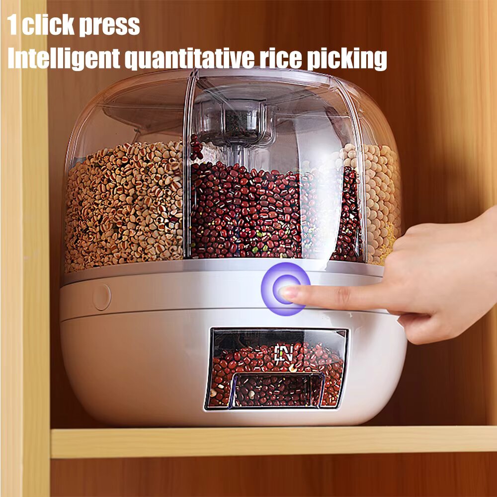6 Grids Rice and Grain Storage Container, 360° Rotating Cereal Food Dispenser Dry Food Sealed Grains Cans