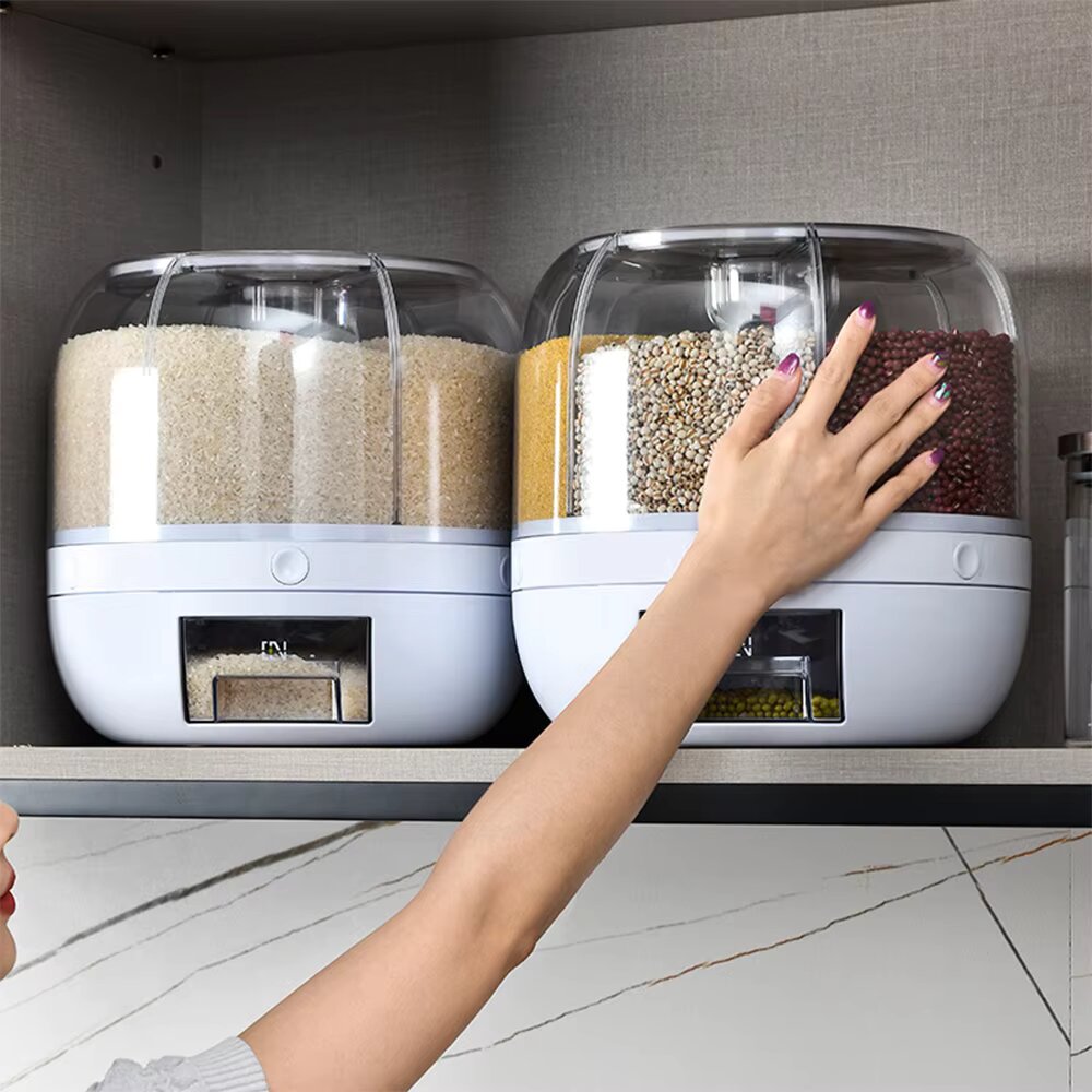6 Grids Rice and Grain Storage Container, 360° Rotating Cereal Food Dispenser Dry Food Sealed Grains Cans