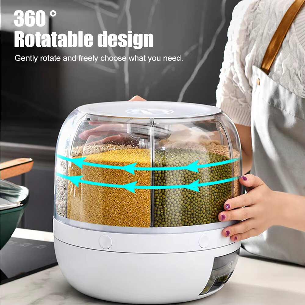 6 Grids Rice and Grain Storage Container, 360° Rotating Cereal Food Dispenser Dry Food Sealed Grains Cans