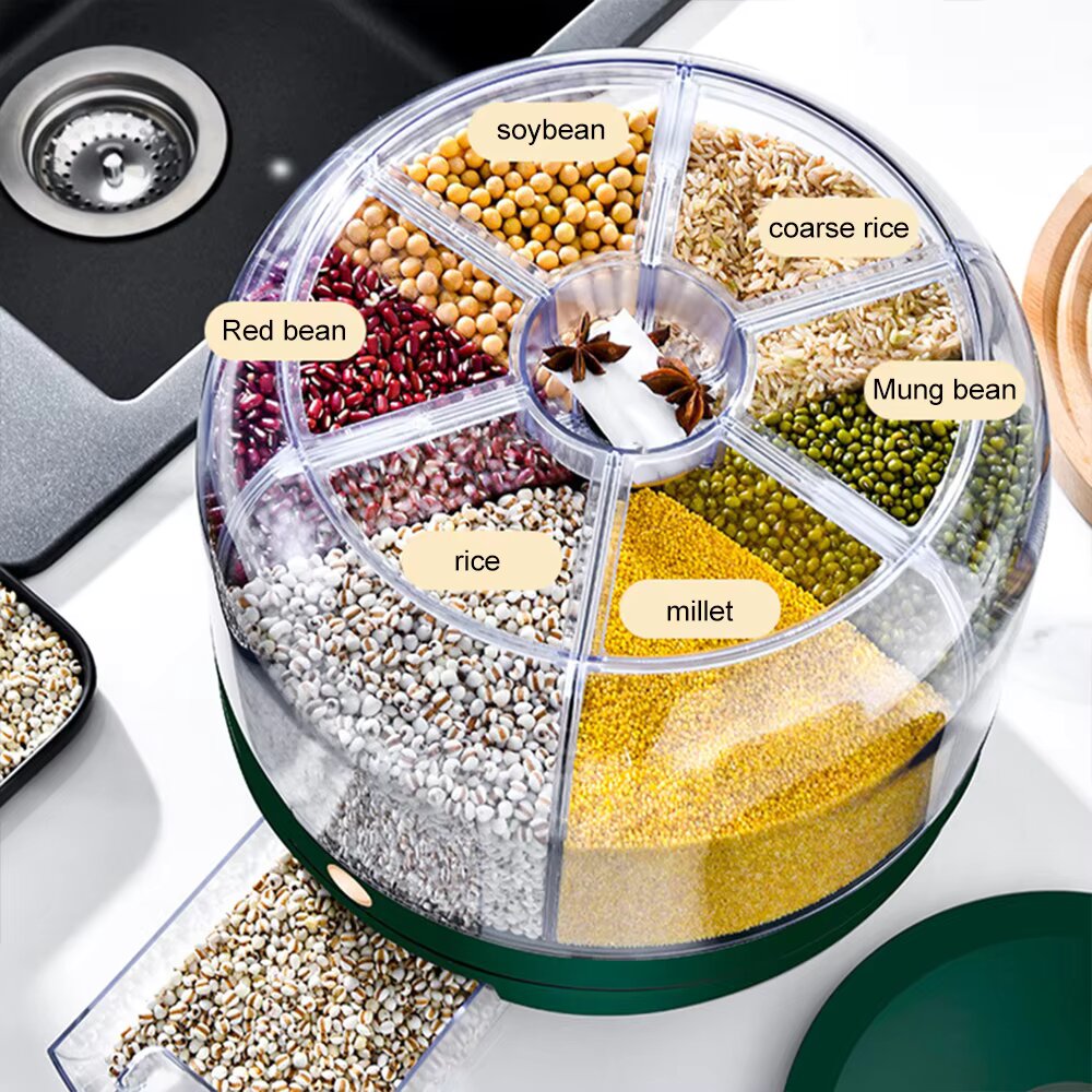 6 Grids Rice and Grain Storage Container, 360° Rotating Cereal Food Dispenser Dry Food Sealed Grains Cans