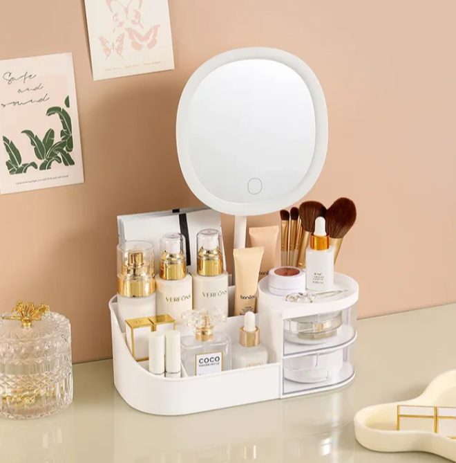 Cosmetic storage box with mirror