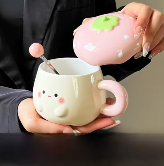 Cute Heart Strawberry Mugs with Lid And Spoon High Aesthetic Birthday Valentine&