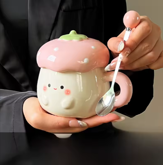 Cute Heart Strawberry Mugs with Lid And Spoon High Aesthetic Birthday Valentine&