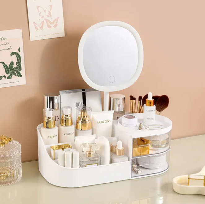 Cosmetic storage box with mirror