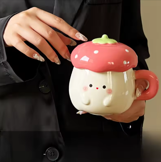 Cute Heart Strawberry Mugs with Lid And Spoon High Aesthetic Birthday Valentine&