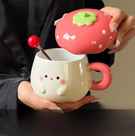 Cute Heart Strawberry Mugs with Lid And Spoon High Aesthetic Birthday Valentine&