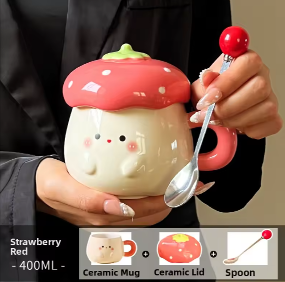 Cute Heart Strawberry Mugs with Lid And Spoon High Aesthetic Birthday Valentine&